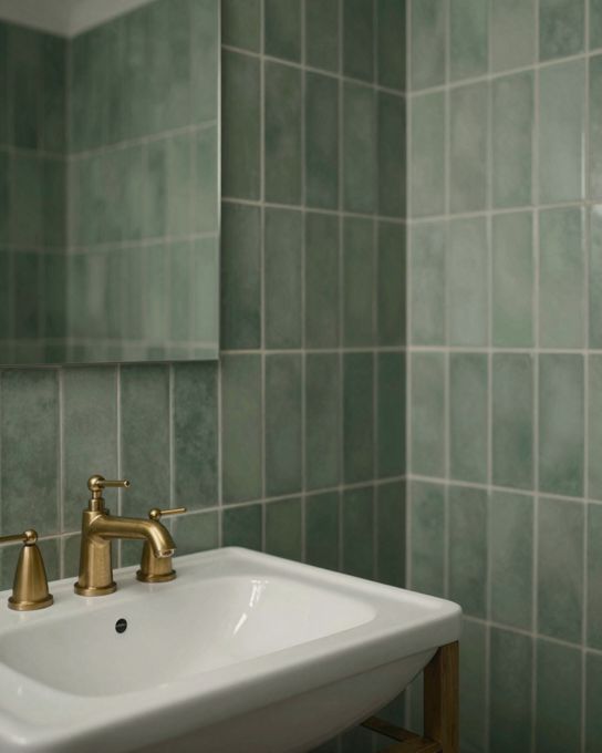Illustration: a sage green bathroom: green vertical tiles, white basin, brushed brass tap