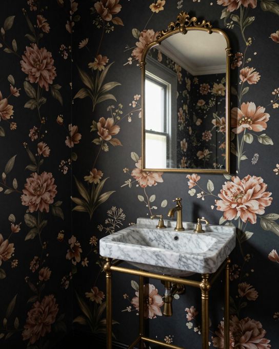 Illustration: a powder room with dramatic dark floral wallpaper, a small marble basin on a brass stand and a vintage mirror