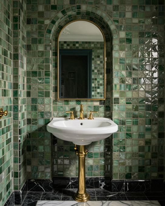 Illustration: an Art Deco bathroom: deep green mosaic tiles, curved arch mirror, black and white marble floor, polished brass tapware