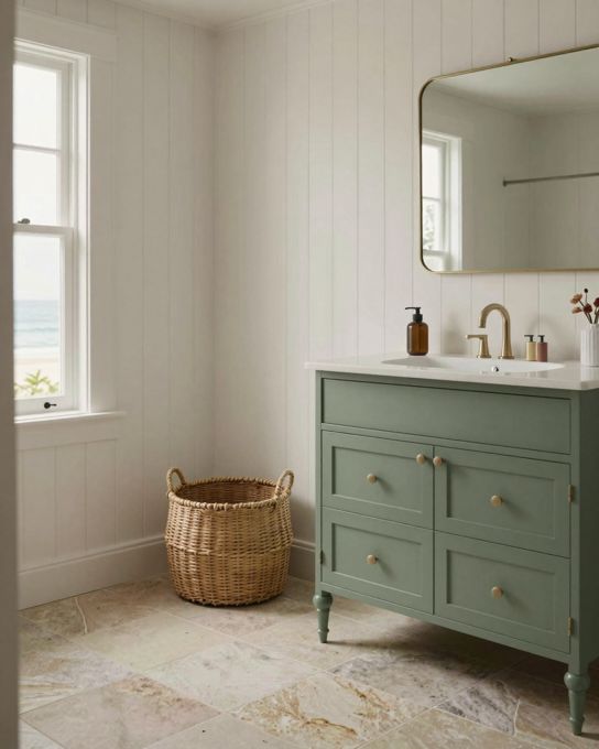 Illustration: a coastal bathroom: white vertical timber lining boards, a sage green vanity, woven basket, sandstone-coloured floor tiles, morning light from a window