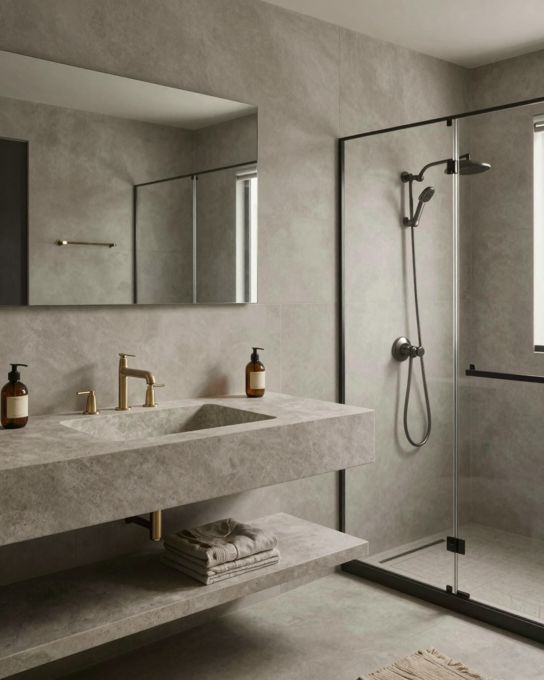 Illustration: a contemporary Australian bathroom: large-format warm grey porcelain, a floating stone vanity, brushed nickel tapware, a frameless shower