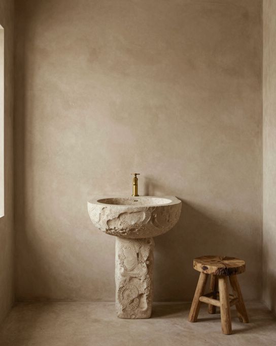 Illustration: a wabi-sabi bathroom: lime plaster walls in warm clay tones, a carved stone basin, aged brass tap, rough timber stool