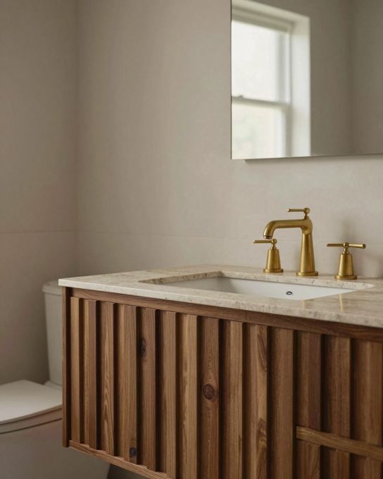 Illustration: a bathroom with a fluted timber vanity stained pecan brown, a stone top and warm brass tapware