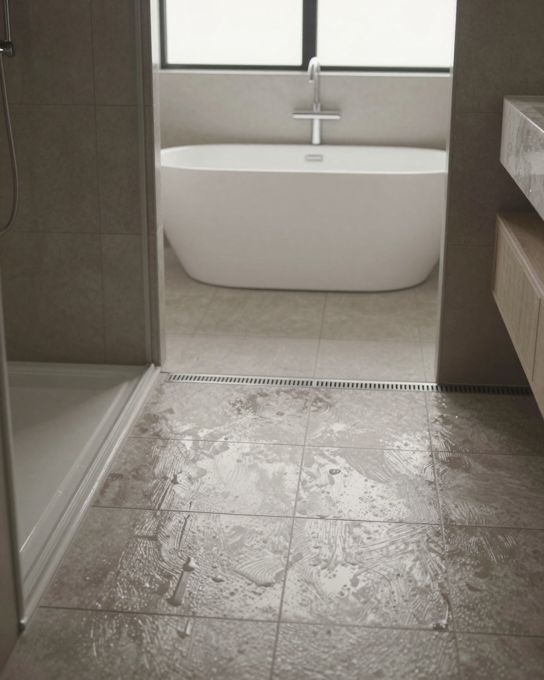 Illustration: a wet room bathroom: one continuous tiled floor with a linear drain, an open shower with no screen and a freestanding bath beyond